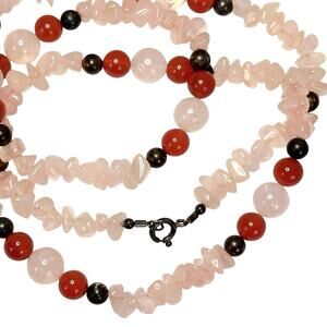 Vintage Rose Quartz Carnelian Beaded Necklace with Sterling Clasp 1980s 1990s